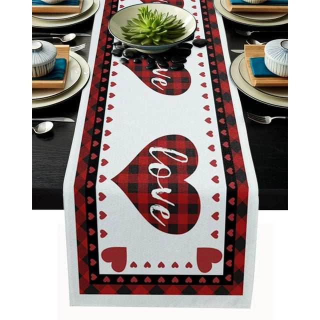 Chemin de Table en Coton et Lin pour la Saint-Valentin, Cœur d'Amour, Carreaux Rouge Buffalo, Antidérapant et Résistant à la Chaleur, pour Table de Cuisine Familiale, 16x72 Pouces