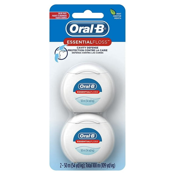 Oral-B Essential Floss, Waxed, Unflavored, 54 Yards (50 Meters) - Pack Of 2 Packaging May Vary