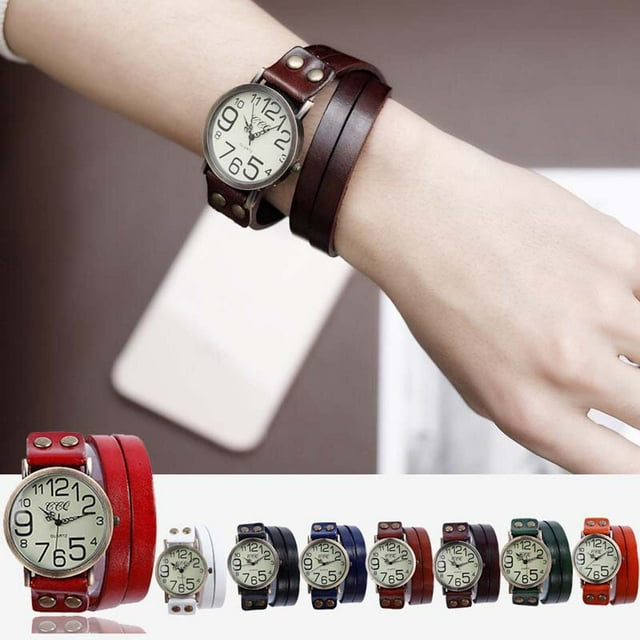 Reloj vintage de brazalete de cuero de vaca para hombres y mujeres - Reloj de pulsera analógico redondo de cuarzo, caráter de 3,9 cm, correa de 35 cm, reloj de vestir de moda