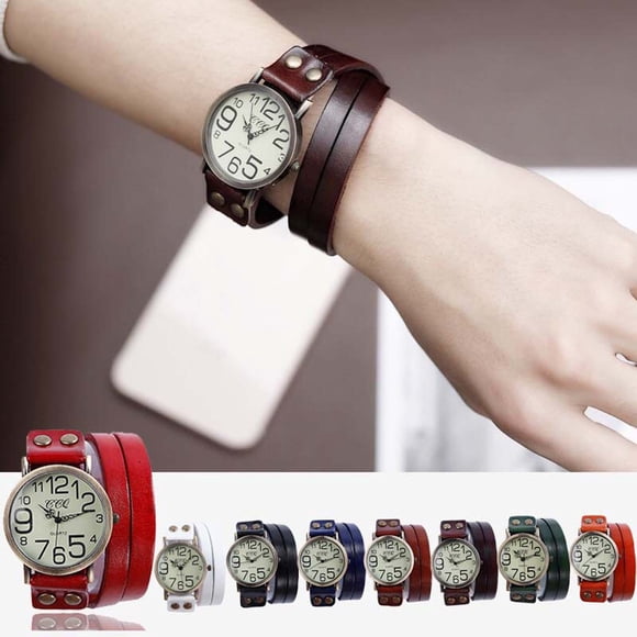 Reloj vintage de brazalete de cuero de vaca para hombres y mujeres - Reloj de pulsera analógico redondo de cuarzo, caráter de 3,9 cm, correa de 35 cm, reloj de vestir de moda