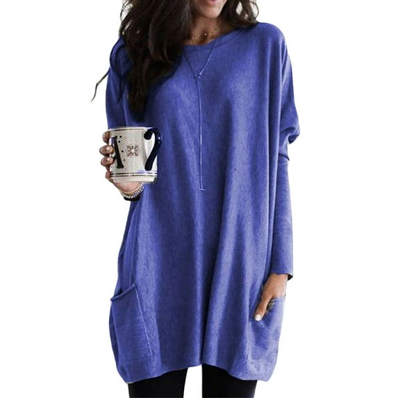 Ladies Fall T-Shirt Blouse Casual Loose Winter Tops Long Sleeve Tunic Shirts Blouse Baggy Pocket Oversized Sweatshirt Casual Loose Pullover Dress