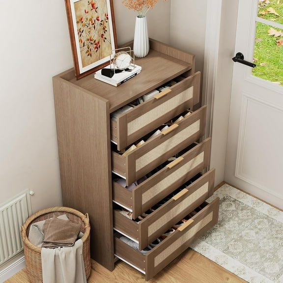 IDEALHOUSE Caramel Oak 4 Drawer Dressers, Modern Fluted Storage Cabinet, Metal Handles, Sleek Organizer for Bedroom, Living Room, Apartment