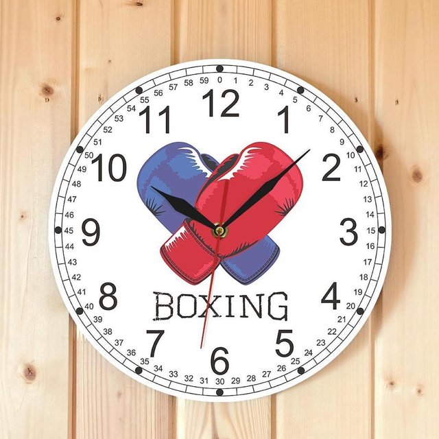 Reloj de pared, guantes de boxeo deportivos creativos azules y rojos, fácil de leer para sala de estar, comedor, decoración, hoteles, baño