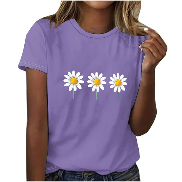 Tops de Manga Corta de Algodón para Mujeres, Moda Impresa Cuello Redondo Blusa Casual para el Hogar Y el Uso Diario