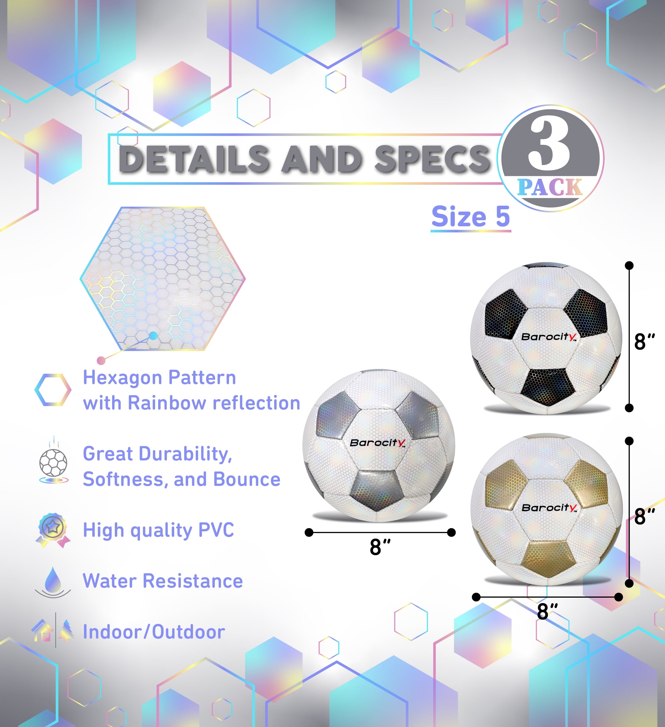 Barocity Classic Modern Pattern Soccer Balls Set of 3 - Black, Gold and Silver Official Match Ball with Reflective Hex Pattern, Sport Soccer Balls for Indoor and Outdoor Training - Size 5