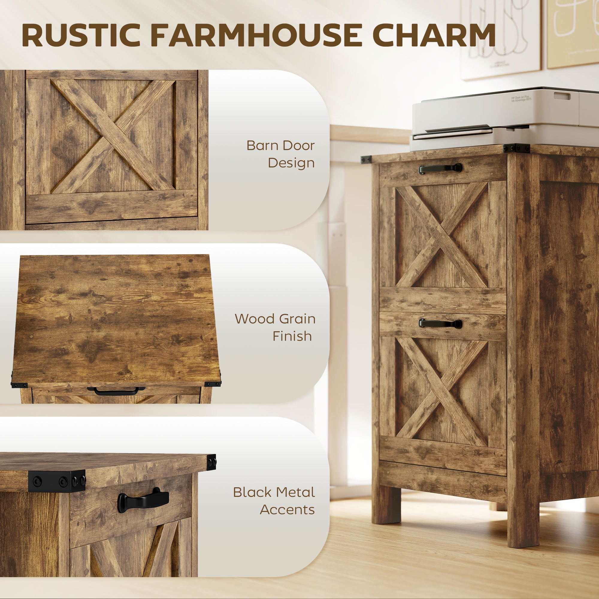 HOMCOM 2 Drawer Vertical File Cabinet with Silent Slides, Farmhouse Filing Cabinet with Barn Doors for A4/Letter Size, Printer Stand, Rustic Brown