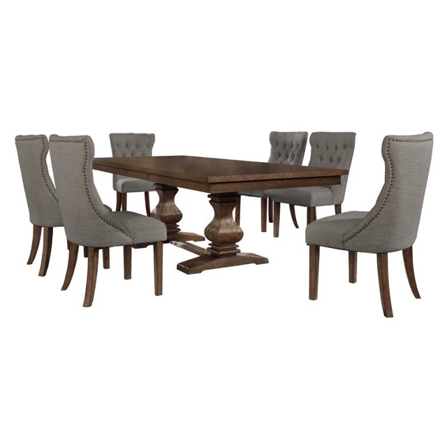 Walnut Wood 7pc Dining Set with Extendable Table and Gray Linen Chairs