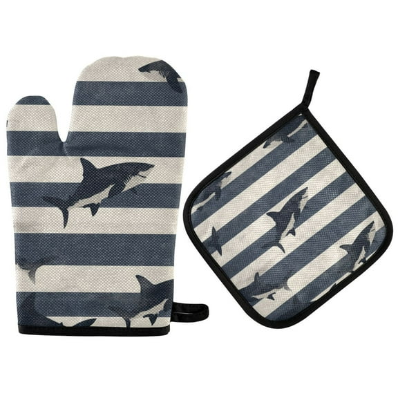 Yayeee Oven Mitts and Pot Holder Set of 2 Heat Resistant Kitchen Gloves Baking Hot Pad, Dark Sharks
