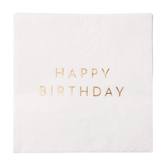 Bonjour Fête White and Gold HBD Cocktail Paper Napkins, Disposable Party Supplies, 20 Count, Small, Beverage Size, Happy Birthday