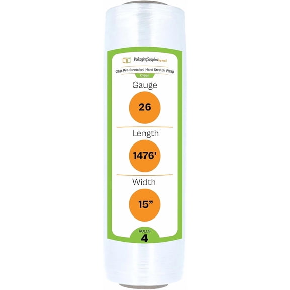 PSBM Cast Hand Pre-Stretch Wrap 15" x 1476 Feet 4 Rolls 26 Gauge Plastic Clear Shrink Film for Moving Packing