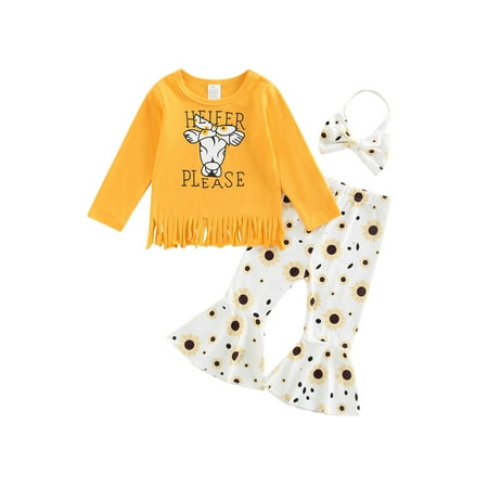 

EYIIYE Kids Girls Autumn Letter Cow Head Print Long Sleeve Tassel Hem Tops + Floral Print Flare Pants + Headband 3Pcs Set