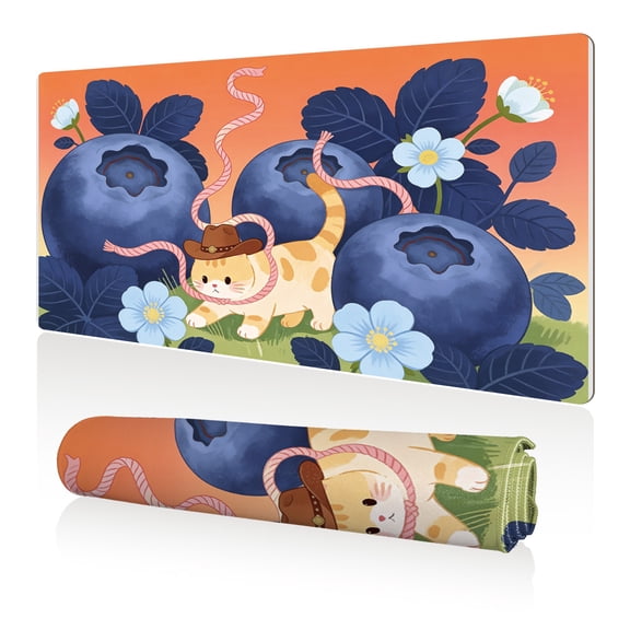 LIVEKEY Mouse Pad 80x40cm Extra Large Non Slip Stitched Edges Full Coverage Durable Easy Clean Kawaii Cat Blueberry Western Art for Gaming Office