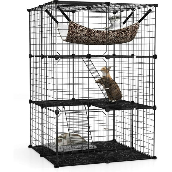 3-Tier Indoor Cat Cage with Skylight, DIY Metal Wire Catio Playpen with Extra Large Hammock and 2 Ladders, 3 Lockable Doors, Black