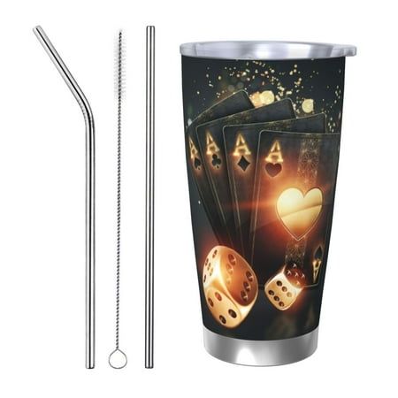 

Qekee Creative Poker Print 20OZ Car Cup Stainless Steel Vacuum Insulated Tumbler Tumbler Cup With Lid And Straw Travel Coffee Mug-Straw Three-piece Set