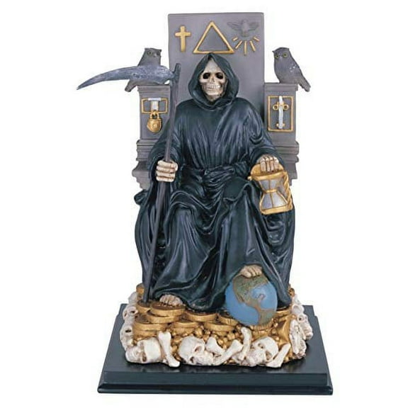 Black Santa Muerte Holding Scythe Seated On Throne Statue Our Lady Of Death