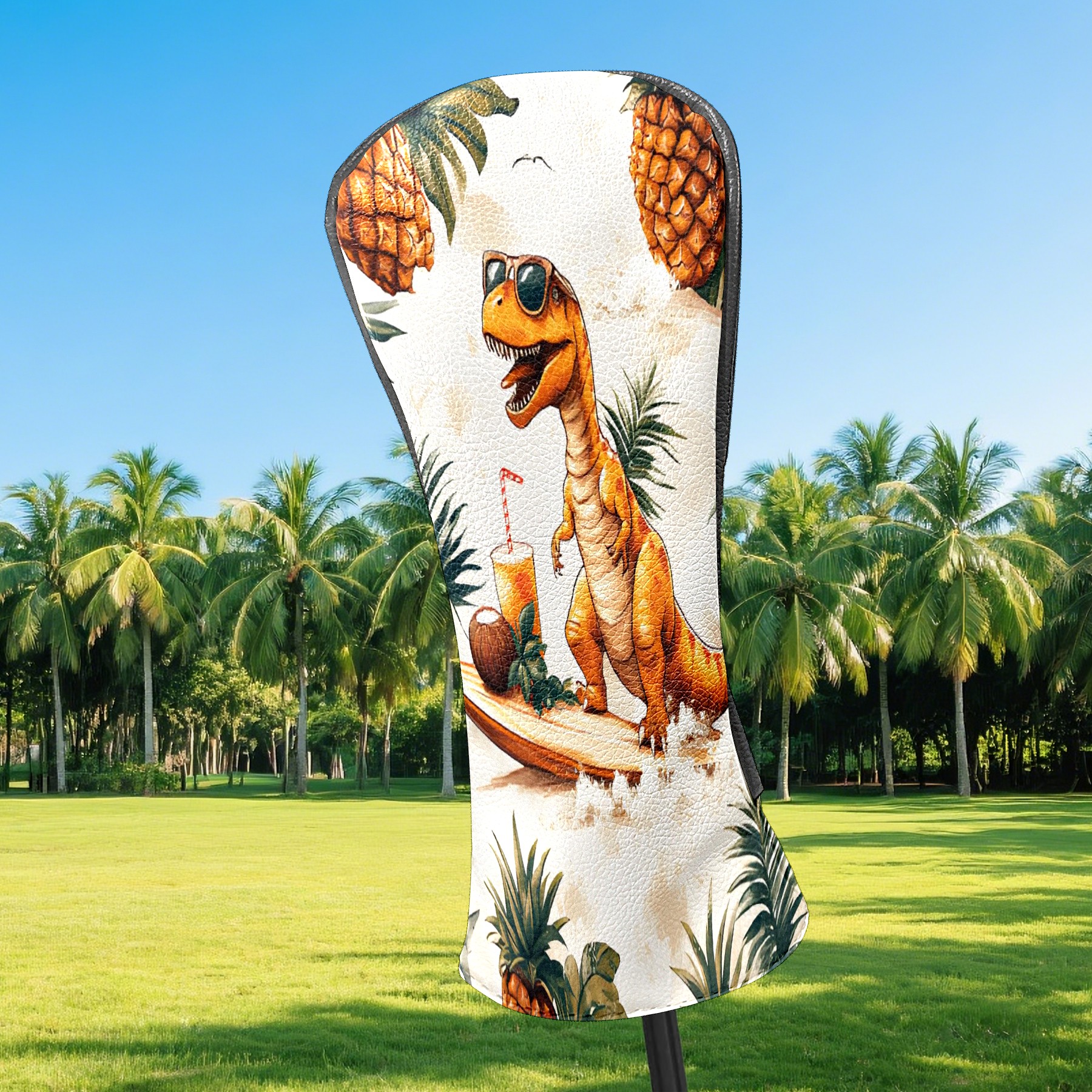 Golf Club Covers, Cream Dino Tropical Premium PU Leather Driver Hybrid Putter Head Covers with Velvet Lining, Waterproof Golf Gifts for Men Women