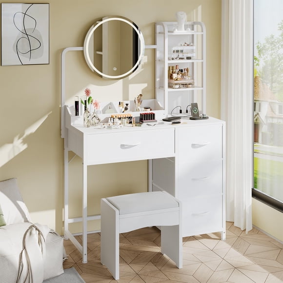 Chic Makeup Vanity with Round Illuminated Mirror, Space-Saving Dressing Table with 4 Soft-Close Drawers, Built-In Storage Shelf for Bedroom Closet Organization