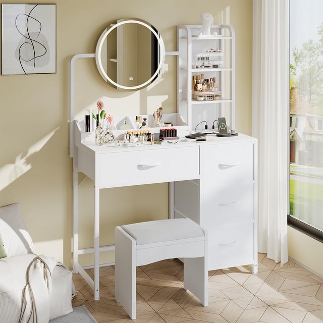 Coiffeuse Chic avec Miroir Rond Éclairé, Table de Maquillage Gain de Place avec 4 Tiroirs à Fermeture Douce, Tablette de Rangement Intégrée pour l'Organisation de la Chambre et du Garde-Robe