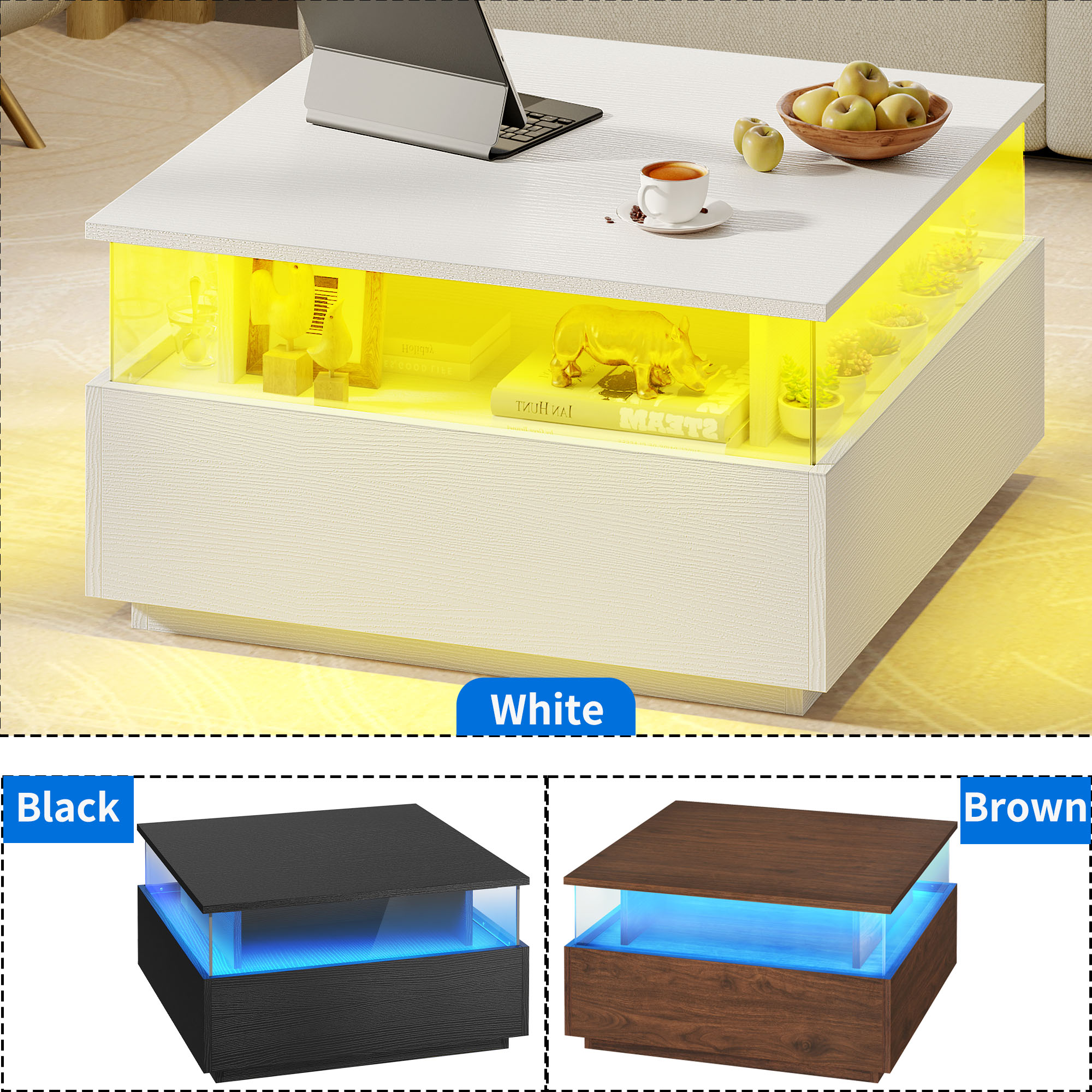 Uforic Square LED Coffee Table with 4 Drawers, Acrylic Living Room Table with Storage Shelf, White