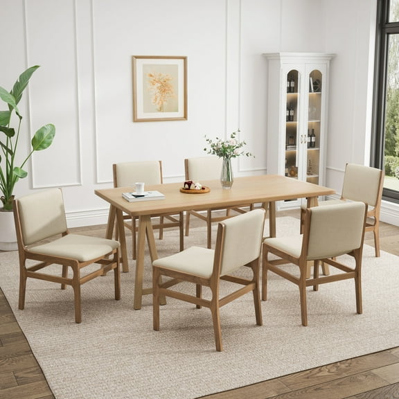 GDF Studio Modern 7 Piece Dining Set, 71" Rectangular Table with 6 Upholstered Side Chairs, Solid Wood Legs, Wheat Oak