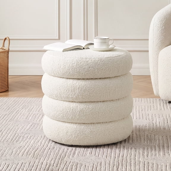 Zesthouse 19.5" Wide Round Boucle Storage Ottoman, Tufted Sherpa Ottoman Footstool for Living Room Bedroom, White
