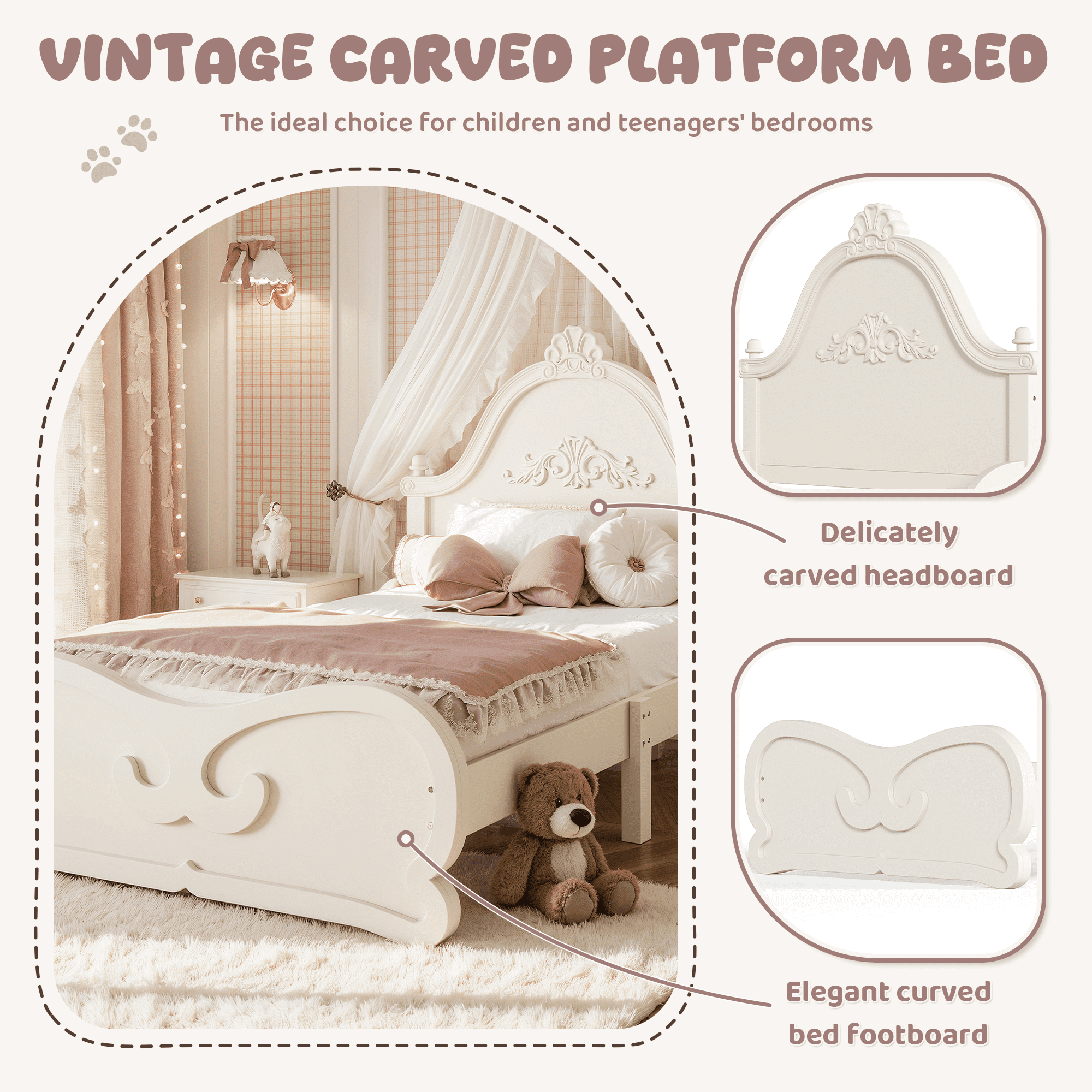 HOQBN Twin Size Vintage Carved Platform Bed with Headboard, Solid Wood Bed Frame with Slatted Support, Low Profile Platform Bed for Kid Teens, Beige