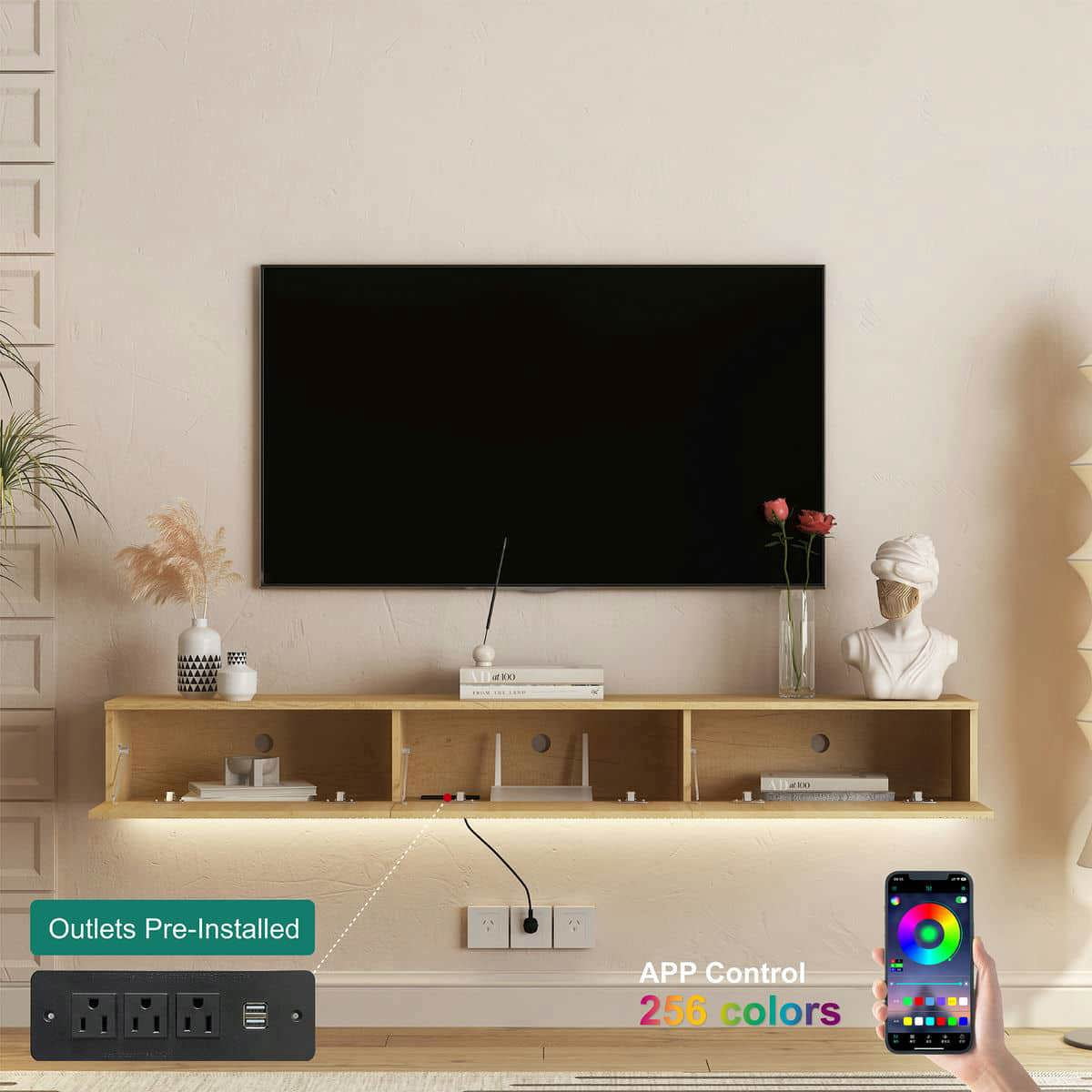 Kadyn TV Console Table, Entertainment Center,TV Stand,Floating TV Stand Wall Mounted with 16 Color LEDs,69" Modern Entertainment Center for 55 60 65" TV, Natural