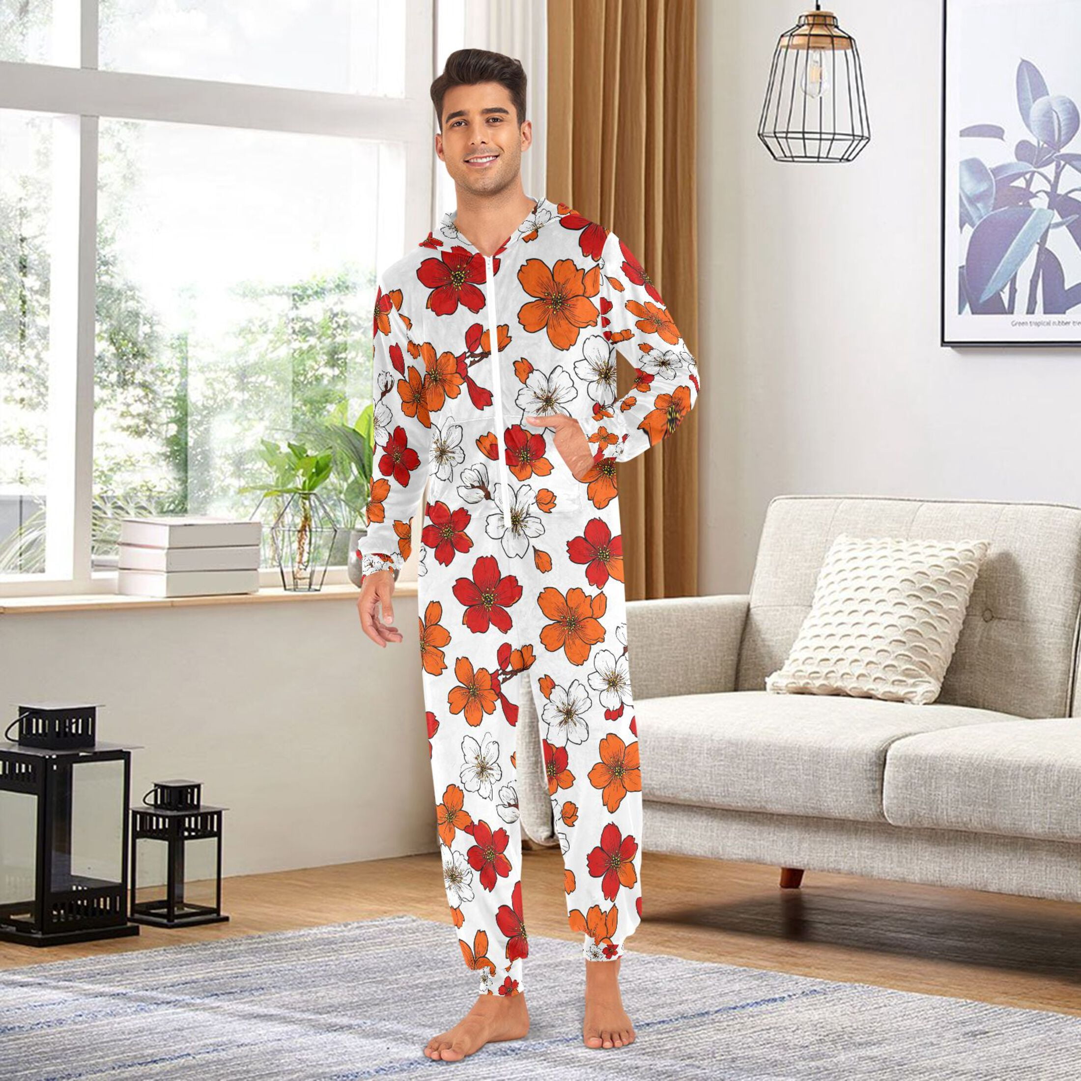 Adult Christmas Onesie Cute Flowers Adult Zipper One-Piece Pajamas Unisex Pajamas with Pockets