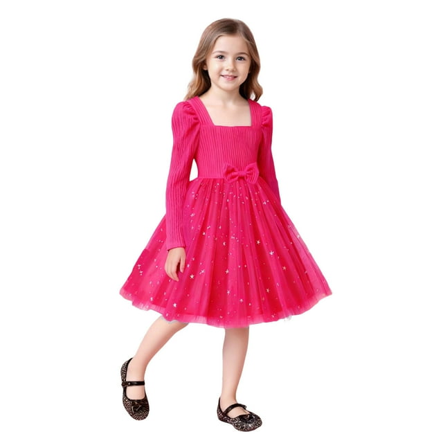 Vestido de manga larga con cuello redondo Vestido de niña de manga larga de color liso con empalme de malla de estrellas y lazo Vestido casual de niña Vestido de poliéster