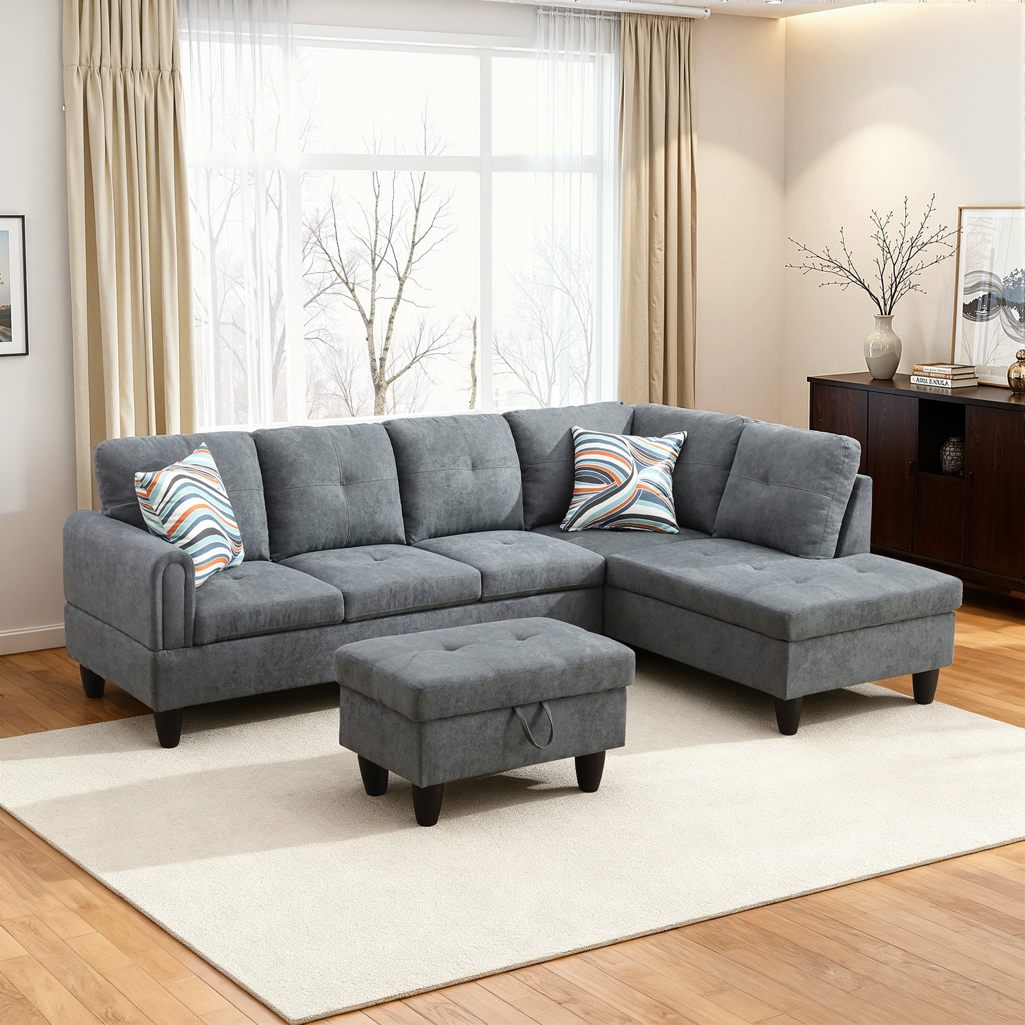 MAYEERTY 97" Modular Couches Fluffy Fabric Sectional Sofa Set for Living Room with Reversible Chaise & Storage Ottoman, Dark Grey (Left)