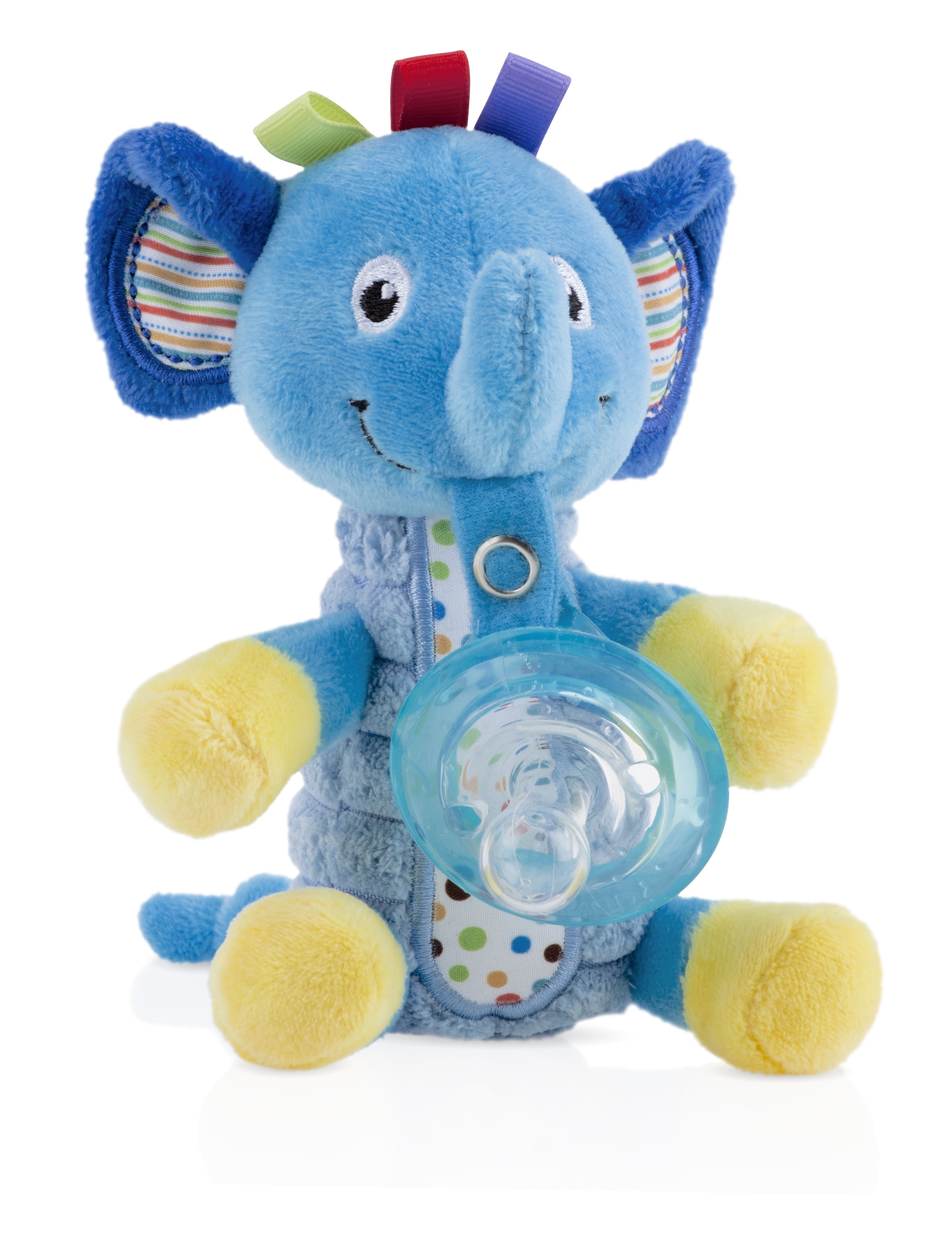 Bryco Baby Elephant Pacifier Holder Includes Detachable Pacifier Tail Clip BPA-Free Silicone Pacifier is Easy to Clean and Dishwasher Safe and Rattle Soft Plush Stuffed Animal Toys for Infants