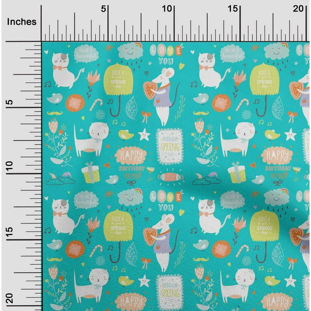 oneOone Tissu Popeline de Coton Bleu Turquoise Floral/rat & Chat Dessin Animé Matériel de Robe Tissu Imprimé Tissu au Mètre 42 Pouces de Large