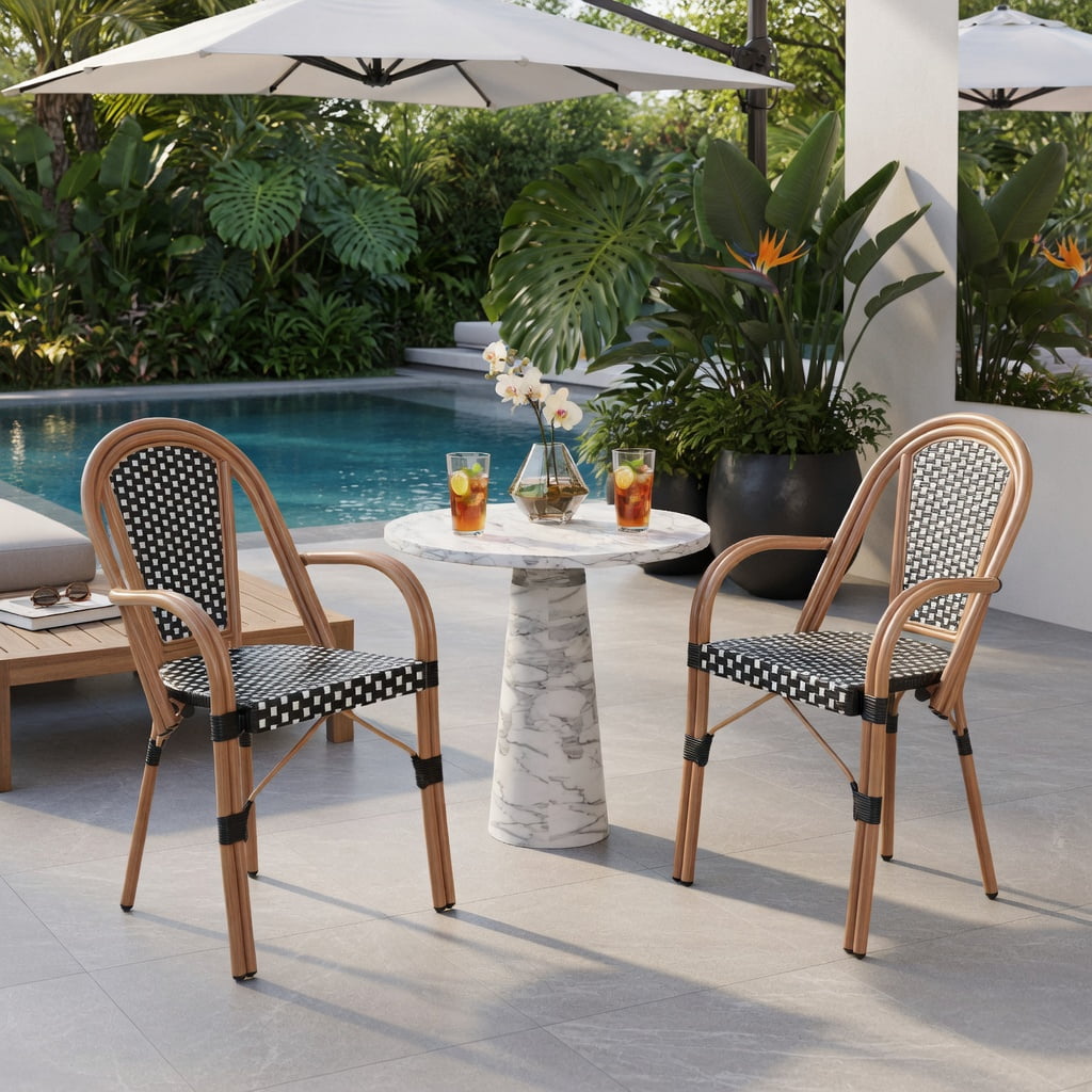Hommoo 2-Pack Hand-Woven PE Rattan Outdoor Bistro Chairs, French-Style Patio Chairs with Galvanized Steel Frame, Black & White