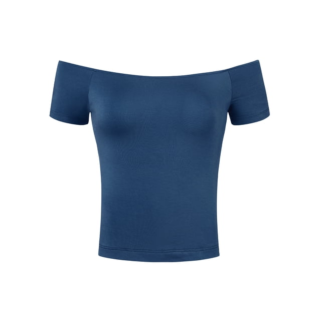 INSPIRAR CHIC Blusa de Mujer de Manga Corta Off the Shoulder de Longitud de Cadera Sólida L Azul Marino