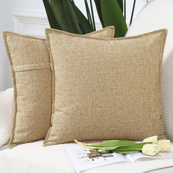 MADIZZ Set of 2 Flanged Linen Throw Pillow Covers 18x18 Inch Beige Soft Decorative Cushion Cover for Sofa Bedroom Pillow Shell