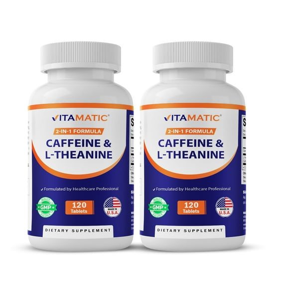 2 Packs Vitamatic Caffeine Pills with L-Theanine - 300 mg per Tablet - 120 Vegetarian Tablets - Nootropic Supplement for Focused Energy (Total 240 Tablets)