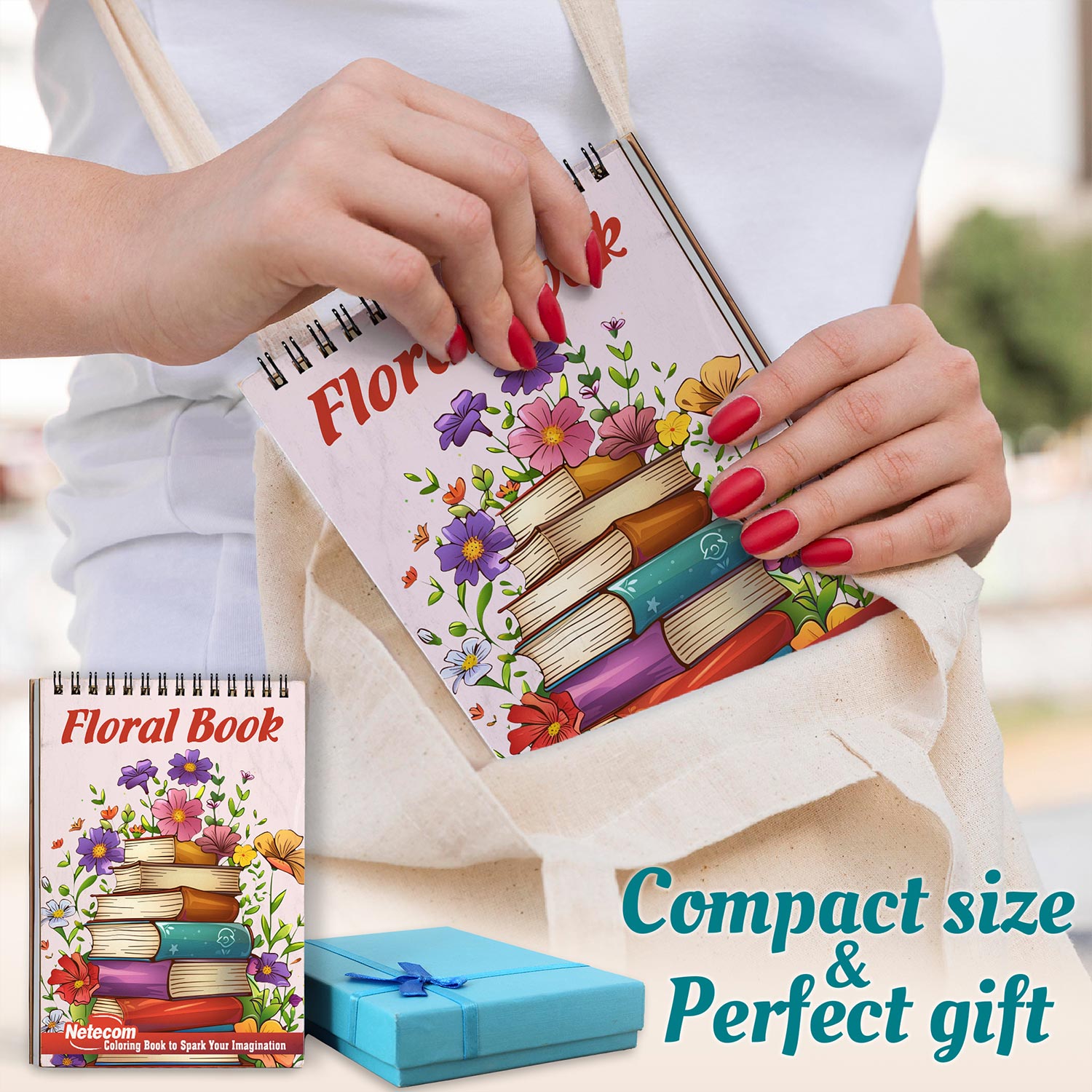 Netecom Floral Book Coloring Book Spiral Bound for Adults, A5 Wooden Cover, 30 Large Print Coloring Pages of Book and Flower for Stress Relief and Relaxation