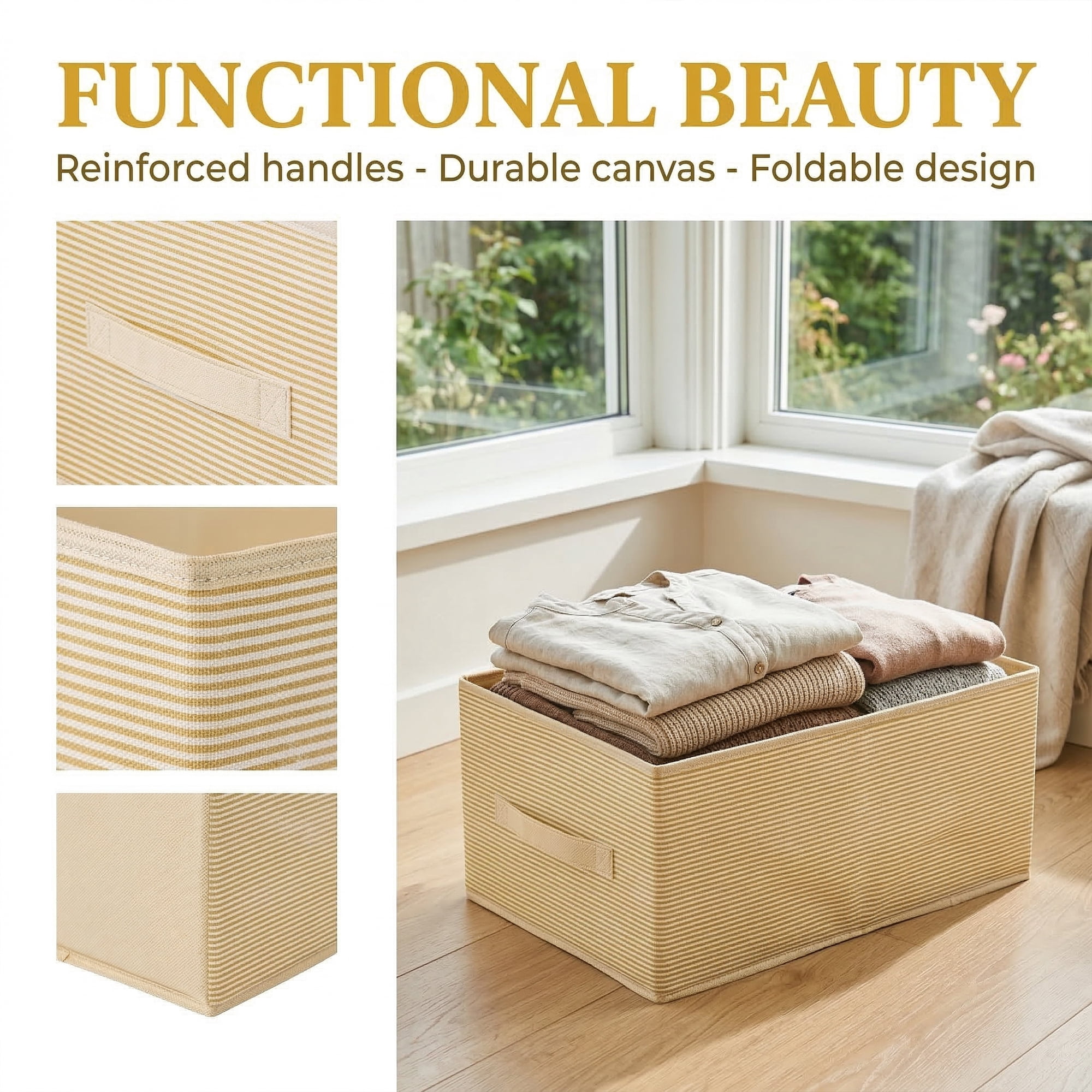 Unique Bargains 3pcs Fabric Storage Bin with Stripe Beige 18.5*11*7.9in