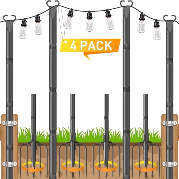 JYTOBN 10Ft String Light Poles 4 Pack,Poles for Hanging Outdoor String Lights with Fork and Fence Clamp