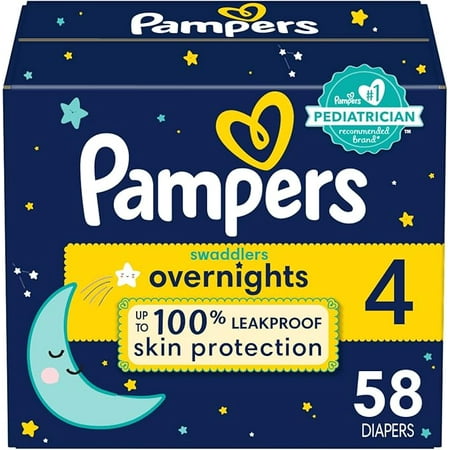 Pampers Swaddlers Overnights Diapers - Size 4, 58 Count, Disposable Baby Diapers, Night Time Skin Protection