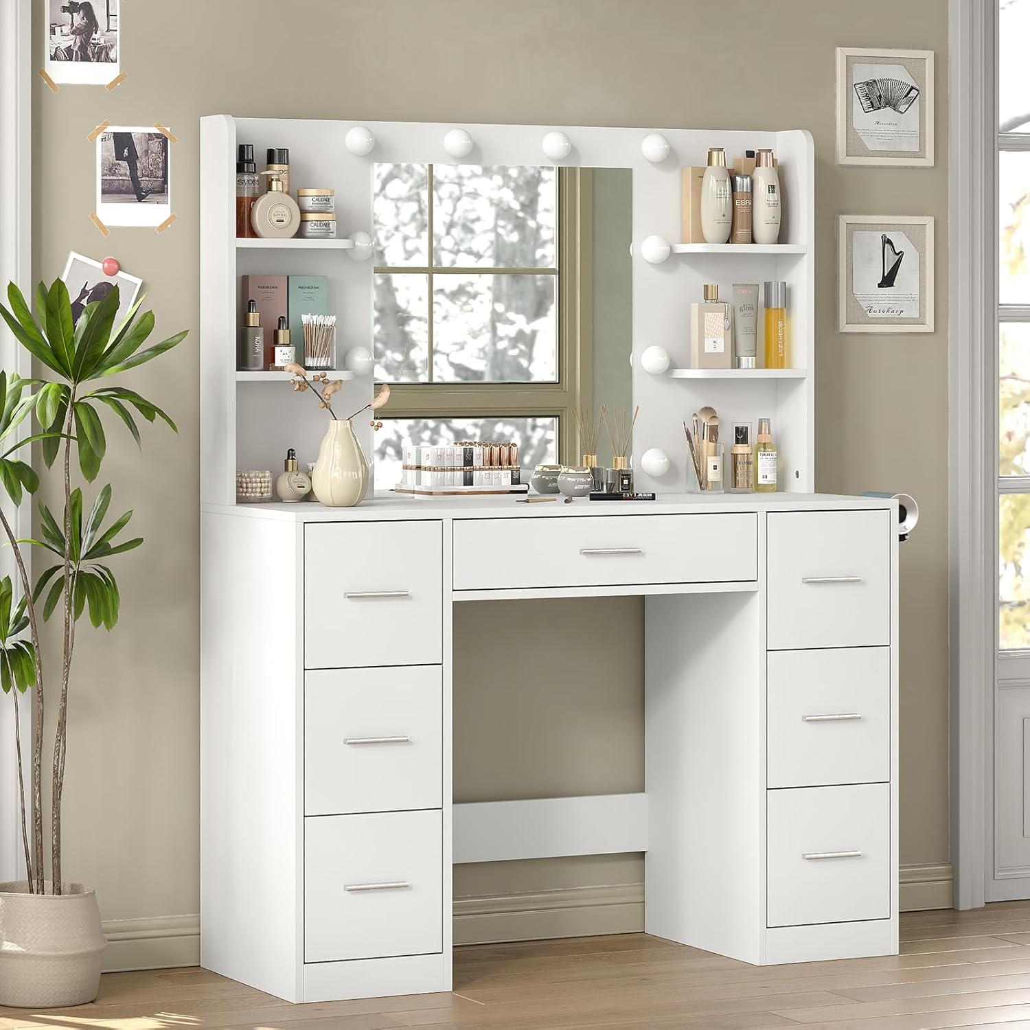 Makeup Vanity Desk with Lights and Mirror ,Dressing Table with 7 Drawers, Power Outlets, 3 Light Modes for Bedroom, White