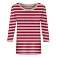thumbnail image 5 of Women's Crew Neck 3/4 Sleeve Striped Print Top, Contrast Trim Casual Slim Fit Basic T-Shirt Blouse for Spring Summer Daily Wear 08-Red S, 5 of 5