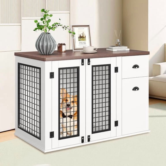 Medium (26-50Pounds) 44inch Heavy Duty Dog Kennel Crate Furniture with Drawer and Cabinet Wooden Indoor Pet Cage Side End Table for Small to Medium Pets White
