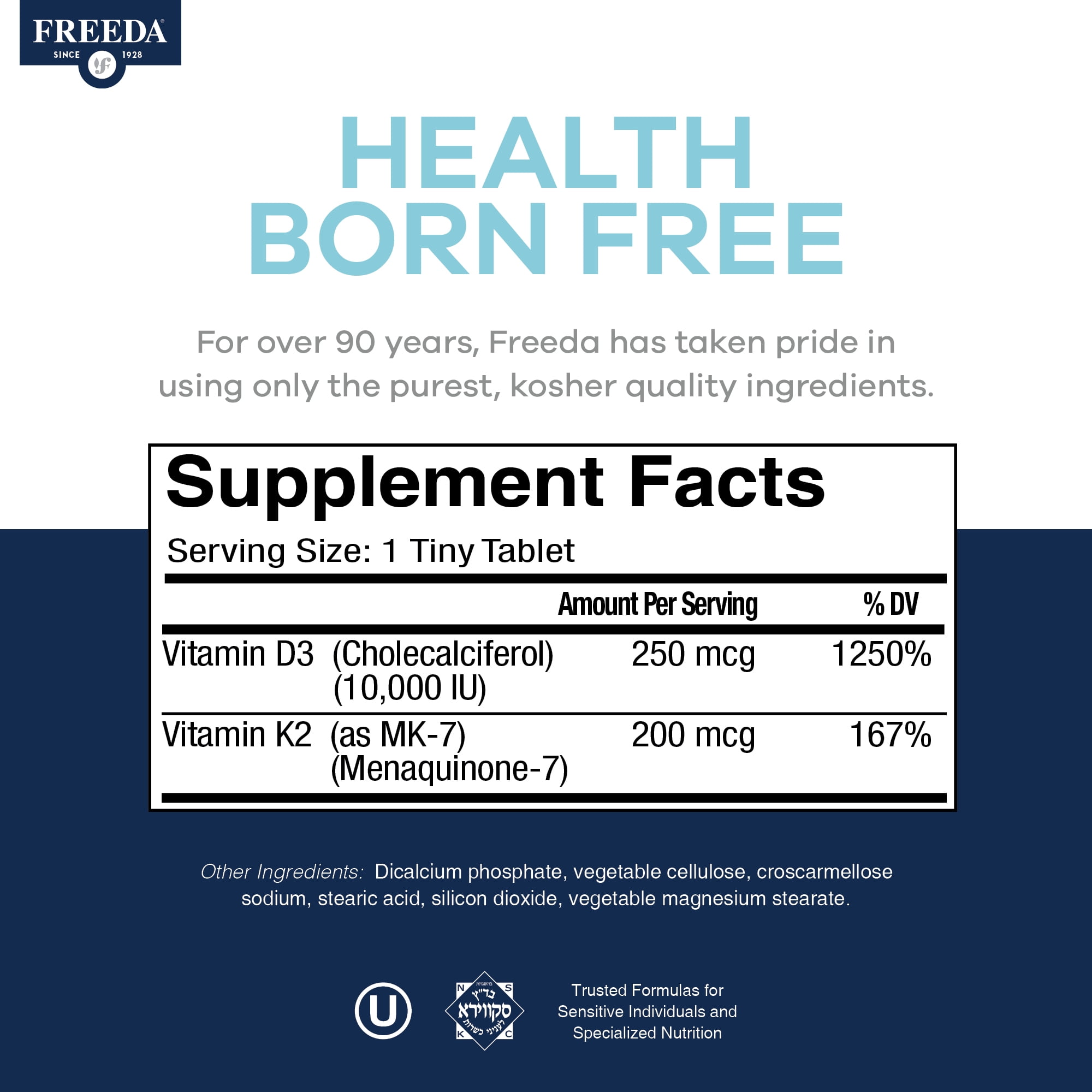 Freeda Vitamin D3 + K2, 10,000 IU & 200 mcg – High-Potency Tiny Tablets – Bone & Immune Support – 90 Ct