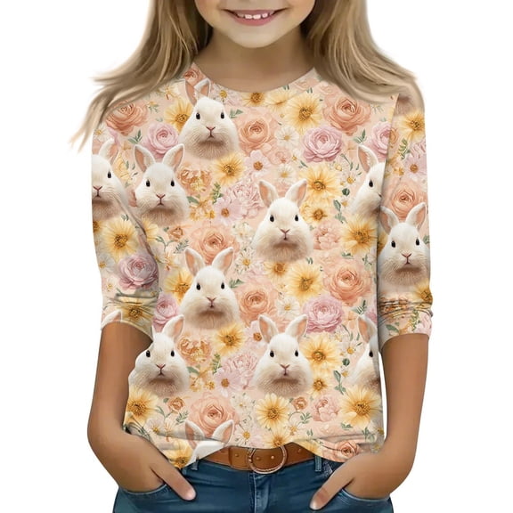 Abcomgle Easter Shirts for Kids Girls Cute Bunny Daisy Print Shirts for Kids Crewneck Short Sleeve Tee Shirts for Girls Spring Funny Cute Tee Top Girls,Beige,3-4Years