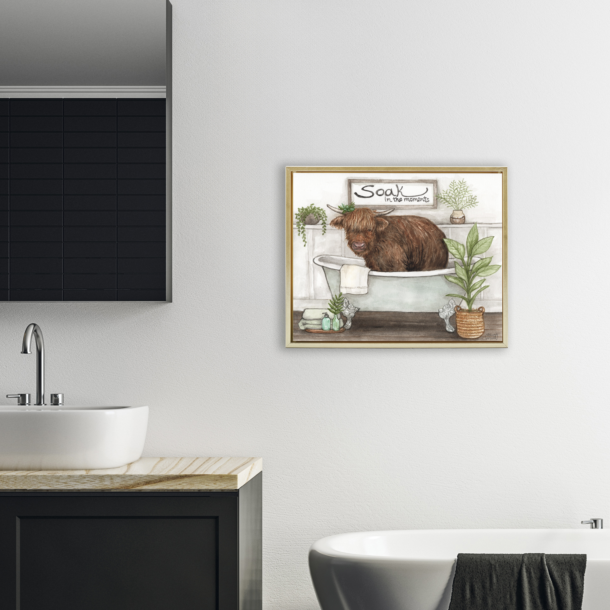 Soak In Moments Cattle Gold Framed Floater Canvas Wall Art, design by Melinda Hipsher