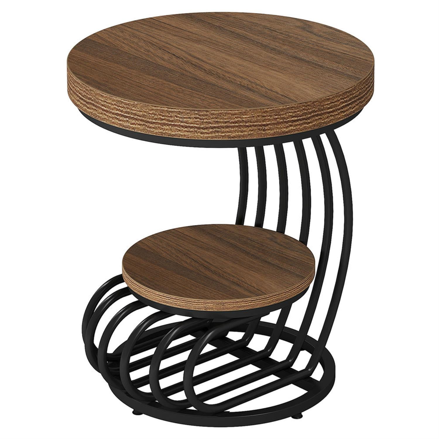 Demi Bonn Round Side Table with Metal Frame and Storage Shelf, 2 Tiers Faux Marble End Table Nightstand for Small Spaces, Living Room, Bedroom, Retro Brown