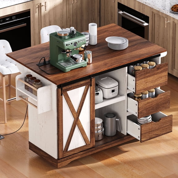 Oufan Rustic Kitchen Island with Drop Leaf, Rolling Kitchen Cart w/ Sliding Barn Door & 3 Drawers, Kitchen Workstation w/ Power Outlet & Spice Rack