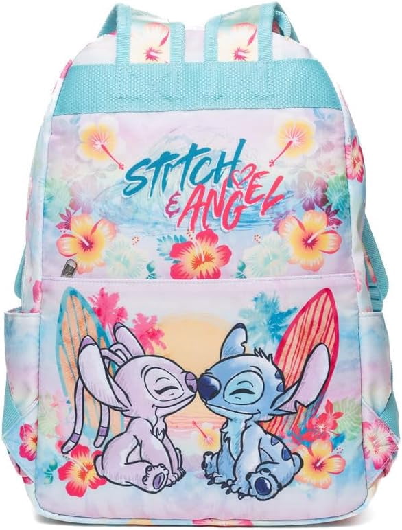 Wondapop Disney Stitch and Angel 15.5 Inch Junior Deluxe Nylon Backpack, Stitch and Angel, Kids School Bag with Laptop Sleeve & Pockets