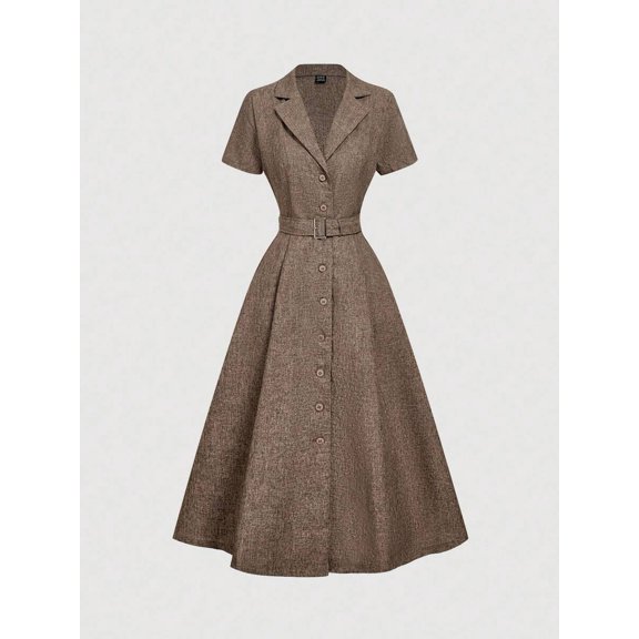 Camel Mid-Length Shirt Dress With Notch Lapel, Belted Waist, And Short Sleeves